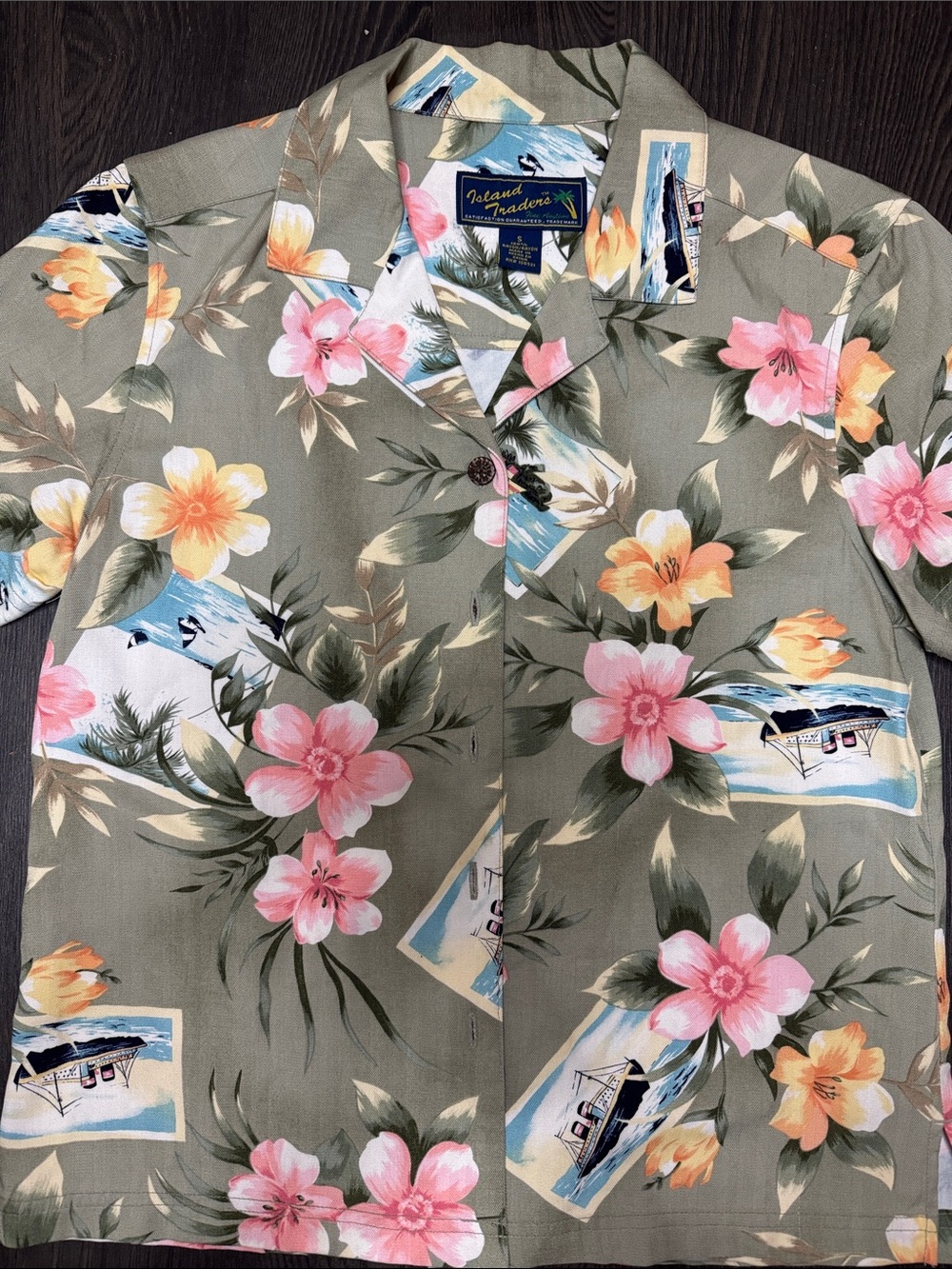 Island Traders Men’s Olive Green Floral Camp Shirt - Pink & Yellow Print
